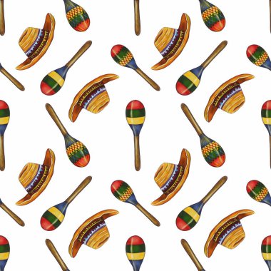 Beyaz arka planda sombrero ve marakas içeren canlı bir desen, şenlik tasarımları için ideal..