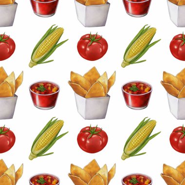 Beyaz bir kabın içindeki tortilla cipsleri, taze domatesler, koçanda mısır ve küçük bir kase salsa sosu da dahil olmak üzere çeşitli yiyecek öğelerini içeren kusursuz bir desen..