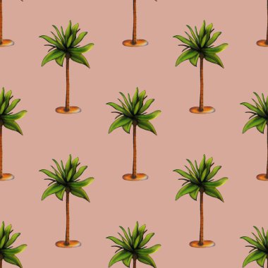 Pastel Green arka planında yeşil yapraklı ve kahverengi gövdeli stilize palmiye ağaçları içeren pürüzsüz bir desen..