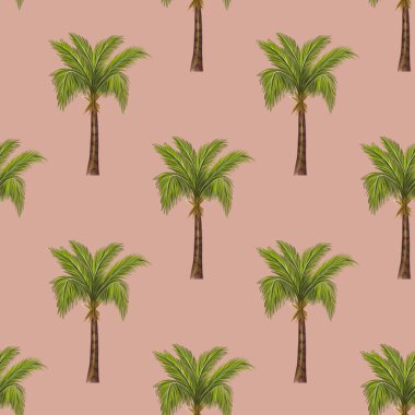 Pastel Green arka planında palmiye ağaçlarının resimlerini içeren pürüzsüz bir desen. Palmiye ağaçlarının yemyeşil yaprakları ve kahverengi gövdeleri tropikal bir hava yaratıyor..