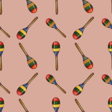 Pastel Green arka planında renksiz marakas deseni. Marakas kırmızı, yeşil, sarı ve maviyi içeren canlı renklere sahiptir, oyuncu bir düzende düzenlenmiştir..