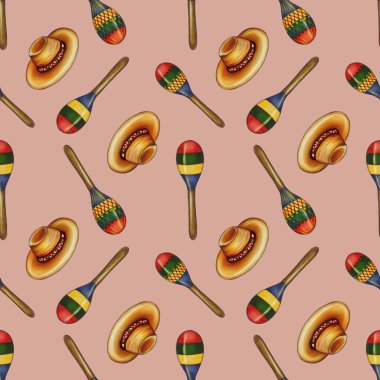 Pastel Green arka planında renkli marakalar ve sombrerolardan oluşan pürüzsüz bir desen. Marakalar canlı renklerle süslenmiş ve sombreroların geleneksel bir tasarımı var..