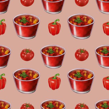 Kırmızı sos, kırmızı dolma biber ve olgun domateslerle dolu kusursuz bir desen. Canlı renkler canlı ve iştah açıcı bir tasarım yaratıyor, bir Pastel Green arka planı..