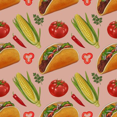 Pastel Green arka planında tako, mısır, domates, yeşil soğan ve kırmızı biber içeren renkli bir desen. Tasarım canlı ve eğlenceli, yemekle ilgili konular için ideal..