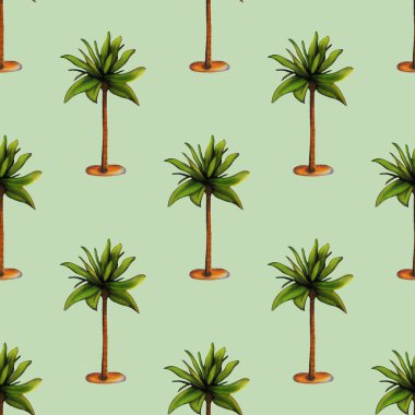 Pastel Green arka planında yeşil yapraklı ve kahverengi gövdeli stilize palmiye ağaçları içeren pürüzsüz bir desen..