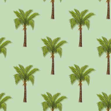 Pastel Green arka planında palmiye ağaçlarının resimlerini içeren pürüzsüz bir desen. Palmiye ağaçlarının yemyeşil yaprakları ve kahverengi gövdeleri tropikal bir hava yaratıyor..