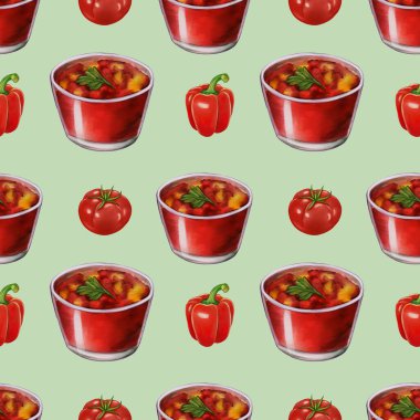 Kırmızı sos, kırmızı dolma biber ve olgun domateslerle dolu kusursuz bir desen. Canlı renkler canlı ve iştah açıcı bir tasarım yaratıyor, bir Pastel Green arka planı..