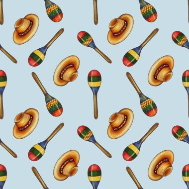 Pastel Blue arka planında renkli marakalar ve sombrerolardan oluşan pürüzsüz bir desen. Marakalar canlı renklerle süslenmiş ve sombreroların geleneksel bir tasarımı var..