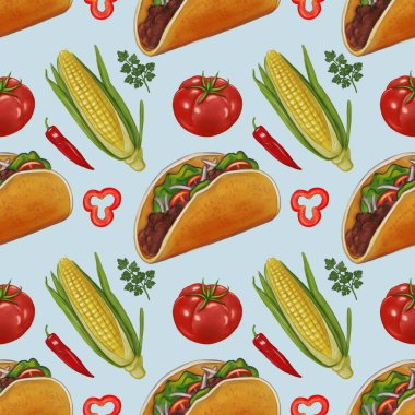 Pastel Blue arka planında tako, mısır, domates, yeşil soğan ve kırmızı biber içeren renkli bir desen. Tasarım canlı ve eğlenceli, yemekle ilgili konular için ideal..