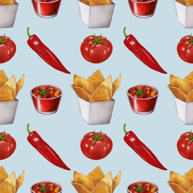 Kırmızı biber, domates, kabın içinde salsa sosu, kabın içinde tortilla cipsi, bir de Pastel Blue arka planında çeşitli besin maddeleri içeren tekrarlanan bir kalıp..