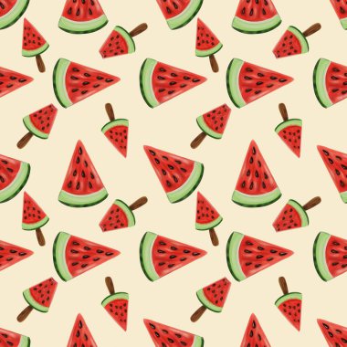 Renkli karpuz dilimleri ve buzlu şekerlerden oluşan pürüzsüz bir desen. Tasarımda canlı kırmızı karpuz eti, siyah tohum ve yeşil kabuk, Pastel sarısı arka plan sergileniyor..