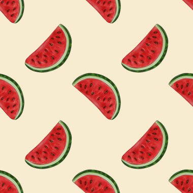 Pastel sarısı arka planda karpuz dilimleri olan kusursuz bir desen. Karpuz dilimleri kırmızı et ve yeşil kabukla canlı, siyah tohumlar sergiliyor..
