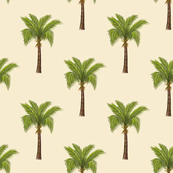 Pastel sarısı arka planda palmiye ağaçlarının resimlerini içeren kusursuz bir desen. Palmiye ağaçlarının yemyeşil yaprakları ve kahverengi gövdeleri tropikal bir hava yaratıyor..