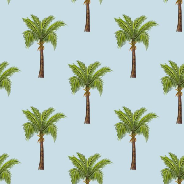 A seamless pattern featuring illustrations of palm trees on a Pastel Blue background. The palm trees have lush green fronds and brown trunks, creating a tropical vibe.