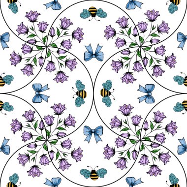 Mor çan çiçekleri, mavi kelebekler ve beyaz arka planda arılar içeren pürüzsüz bir desen. Tasarım simetrik ve çiçekli. Tuhaf ve neşeli bir atmosfer yaratıyor..