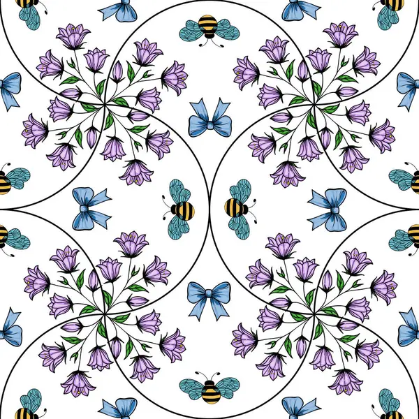 Mor çan çiçekleri, mavi kelebekler ve beyaz arka planda arılar içeren pürüzsüz bir desen. Tasarım simetrik ve çiçekli. Tuhaf ve neşeli bir atmosfer yaratıyor..