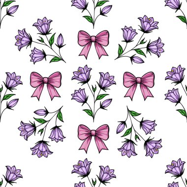 Beyaz arka planda mor çan çiçekleri ve pembe fiyonklar içeren kusursuz bir vektör deseni. Tasarım canlı ve dekoratif, tekstil veya duvar kağıtları için uygun..
