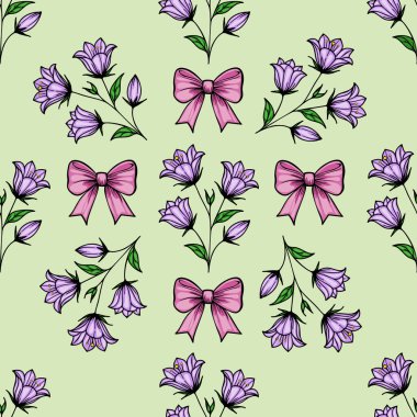 Mor çan çiçekleri ve açık yeşil arka planda pembe fiyonklar içeren kusursuz bir vektör deseni. Tasarım tuhaf ve çiçekli, kumaş veya duvar kağıdı için uygun..