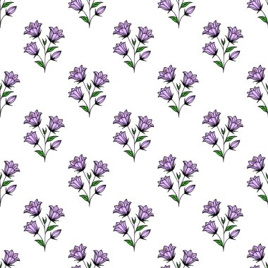 Beyaz arka planda yeşil yapraklı narin mor çan çiçeklerinden oluşan kusursuz bir vektör deseni. Tasarım zarif ve tekstil veya duvar kağıtları için uygundur..
