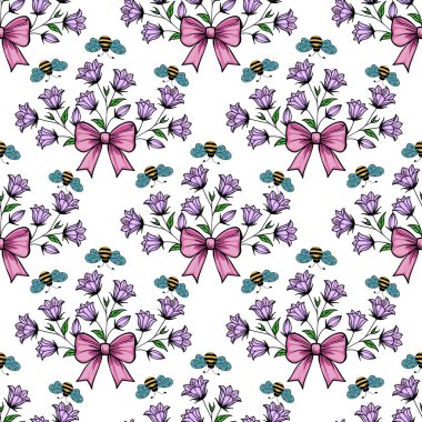 Pembe yaylarla bağlanmış mor çan çiçekleri ve beyaz bir zemin üzerine kurulmuş mavi kelebekler ve arılar eşliğinde pürüzsüz bir desen..