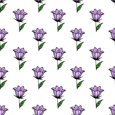 Beyaz arka planda yeşil yapraklı mor çan çiçekleri içeren kusursuz bir vektör deseni. Çan çiçekleri, taç yapraklarını ve saplarını sergileyen ince detaylarla betimlenir..