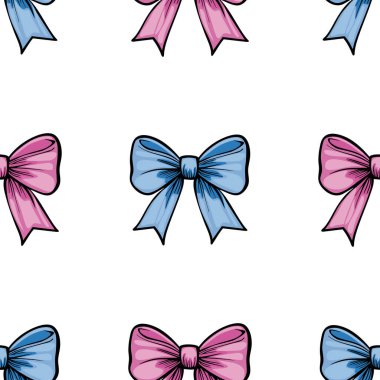 Renkli yay desenlerini pembe ve mavi renkte tekrarlayan bir vektör, kumaş veya hediye paketleme tasarımları için uygundur.