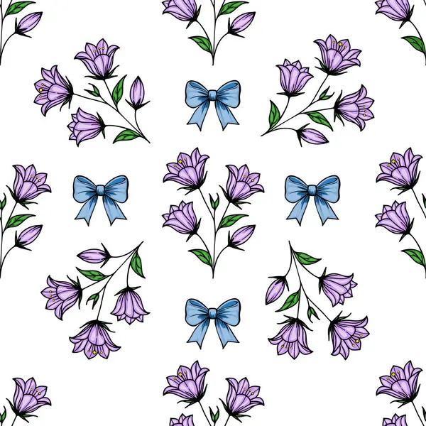 Beyaz arka planda mor çan çiçekleri ve mavi fiyonkları içeren kusursuz bir vektör deseni. Tasarım çeşitli çiçek aranjmanları ve dekoratif kurdeleler içeriyor..