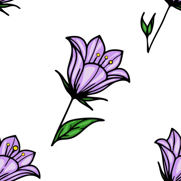 Beyaz arka planda yeşil yapraklı biçimlendirilmiş mor çan çiçekleri içeren kusursuz bir vektör deseni. Çan çiçekleri uzamış taç yaprakları ve basit bir tasarımı var..