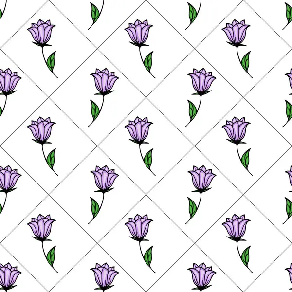 Beyaz arka planda yeşil yapraklı mor çan çiçekleri içeren kusursuz bir vektör deseni. Çan çiçekleri, bir ızgara biçiminde düzenlenmiş, stilize bir şekilde resmedilir..