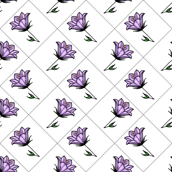 Beyaz arka planda yeşil yapraklı biçimlendirilmiş mor çan çiçekleri içeren kusursuz bir vektör deseni. Çan çiçekleri çapraz olarak düzenlenir..