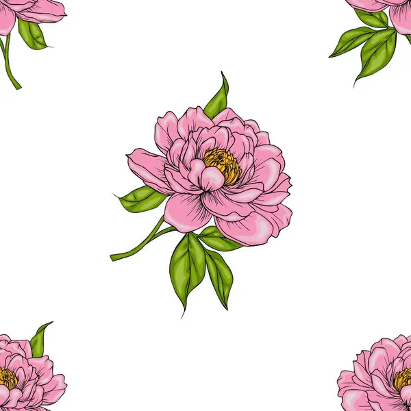 Beyaz arka planda yeşil yapraklı pembe şakayıksı çiçeklerden oluşan pürüzsüz bir desen. Tasarım, şakayığın güzelliğini dekoratif bir şekilde gösteriyor..