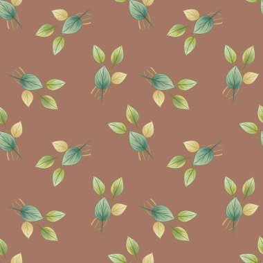 Kahverengi arka planda çeşitli yeşil ve sarı yapraklardan oluşan kusursuz bir desen. Yapraklar dağınık, organik bir düzende dizilmiş, doğal ve sakinleştirici bir tasarım yaratıyor..
