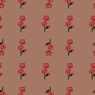 Kırmızı yapraklı, yeşil saplı ve stilize çiçeklerden oluşan pürüzsüz bir desen..