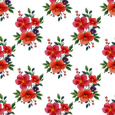 Canlı kırmızı amber çiçekleri, küçük mor çiçekler ve beyaz arka planda yeşil yapraklar içeren kusursuz bir çiçek deseni..