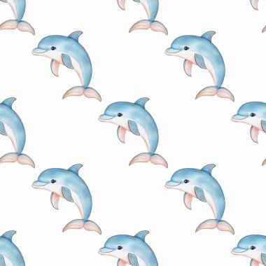 Beyaz bir arka planda, mavi ve pembe tonlarda neşeli yunuslar içeren kusursuz bir suluboya deseni. Yunuslar çeşitli pozlarda tasvir edilir..