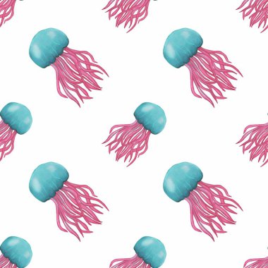 Beyaz arka planda turkuaz kubbeleri ve pembe dokunaçları olan renkli denizanaları içeren kusursuz bir suluboya deseni..