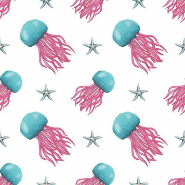 Düz bir suluboya deseni, beyaz arkaplanda denizyıldızı ile karışmış, deniz mavisi kaplamalı ve pembe dokunaçlı renkli denizanaları içeriyor..