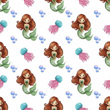 Beyaz arka planda uzun saçlı, denizanası ve baloncukları olan sevimli denizkızlarının yer aldığı tuhaf bir suluboya deseni. Denizkızları yeşil kuyruklar ve renkli aksanlarla süslenir..