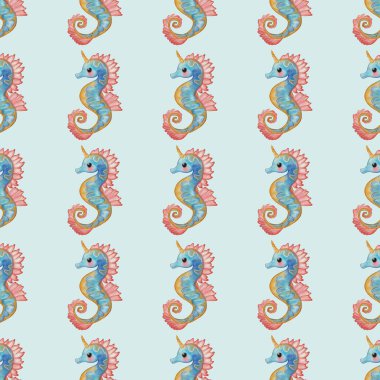 Renkli deniz atlarının açık mavi bir arka planda yer alan tek boynuzlu boynuzlu suluboya desenleri. Deniz atları canlı yüzgeçler ve pullarla süslenir..