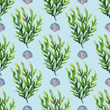 Açık mavi bir zemin üzerinde yeşil yosun ve mavi deniz kabuklarından oluşan kusursuz bir suluboya deseni. Tasarım canlı ve deniz temalı tekstil veya duvar kağıtları için uygundur..