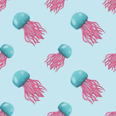 Mavi kubbeli ve açık mavi arkaplanda pembe dokunaçlı renkli denizanaları içeren kusursuz bir suluboya deseni..