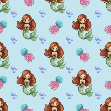 Uzun saçlı, deniz anası ve açık mavi arka planda baloncuklar olan sevimli denizkızlarının yer aldığı tuhaf bir suluboya deseni. Çocuk tekstili ya da okyanus temalı tasarımlar için mükemmel..