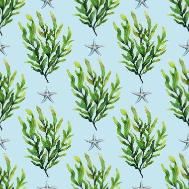 Yumuşak mavi bir zemin üzerinde yeşil yosun ve açık mavi deniz yıldızından oluşan kusursuz bir suluboya deseni. Tasarım canlı ve tekstil veya duvar kağıtları için uygundur..