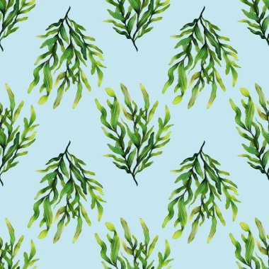 Açık mavi arka planda elle boyanmış yeşil yosun içeren kusursuz bir suluboya deseni. Tasarım yeşilin çeşitli tonlarını sergiliyor, taze ve doğal bir görünüm yaratıyor..