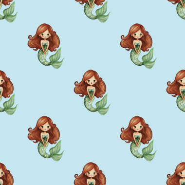 Uzun kızıl saçlı ve yeşil kuyruklu, açık mavi arkaplan üzerine kurulmuş şirin çizgi film deniz kızlarını içeren kusursuz bir suluboya deseni..