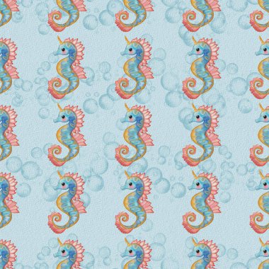 Açık mavi bir zemin ile çevrili pembe ve mavi renkli deniz atlarının yer aldığı tuhaf bir suluboya deseni..