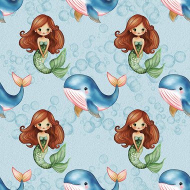 Uzun saçlı ve renkli kuyruklu şirin denizkızlarının, açık mavi bir arka planda baloncuklarla çevrelenmiş, garip bir suluboya deseni..