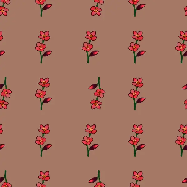 Kırmızı yapraklı, yeşil saplı ve stilize çiçeklerden oluşan pürüzsüz bir desen..