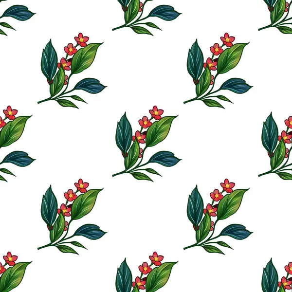 Beyaz arka planda canlı kırmızı çiçekler ve yeşil yapraklar içeren kusursuz bir desen, kumaş veya duvar kağıdı tasarımı için ideal..