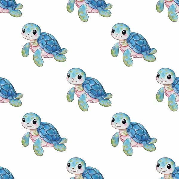 Beyaz arka planda mavi kabuklu ve pembe aksanlı şirin, çizgi film tarzı kaplumbağaların tekrarlanan suluboya desenleri. Kaplumbağaların dostça ifadeleri vardır ve tuhaf bir şekilde tasarlanmışlardır..